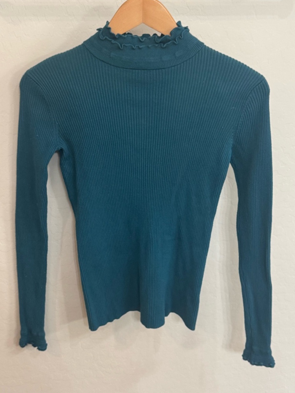 Adyson Parker Boho Teal Ribbed Lettuce-Edge Mock Neck Long Sleeve Top